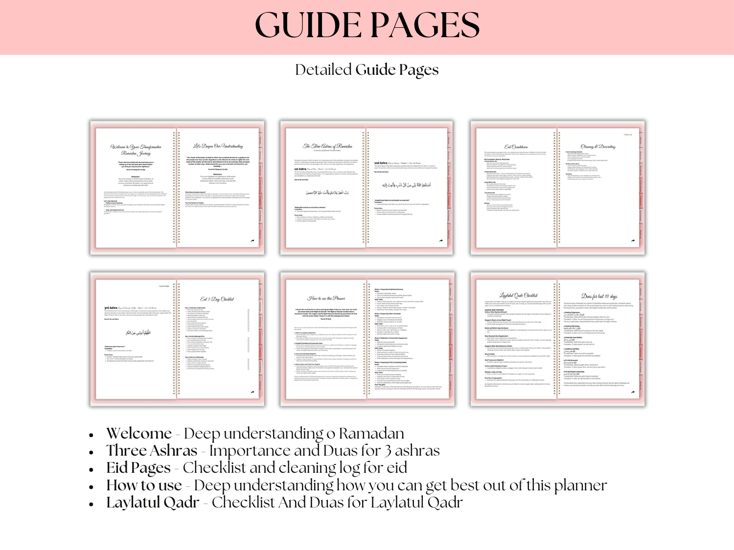 Detailed guide pages for a planner 
