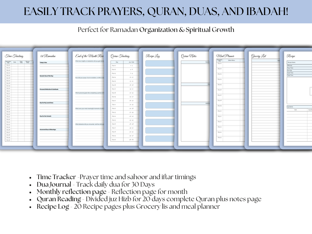 Sheet of planner pages for tracking prayers, Quran, duas, and ibadah with a blue header and white background.