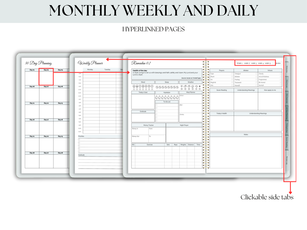 Three planner pages showing monthly, weekly, and daily planning layouts with hyperlinked and clickable tabs.