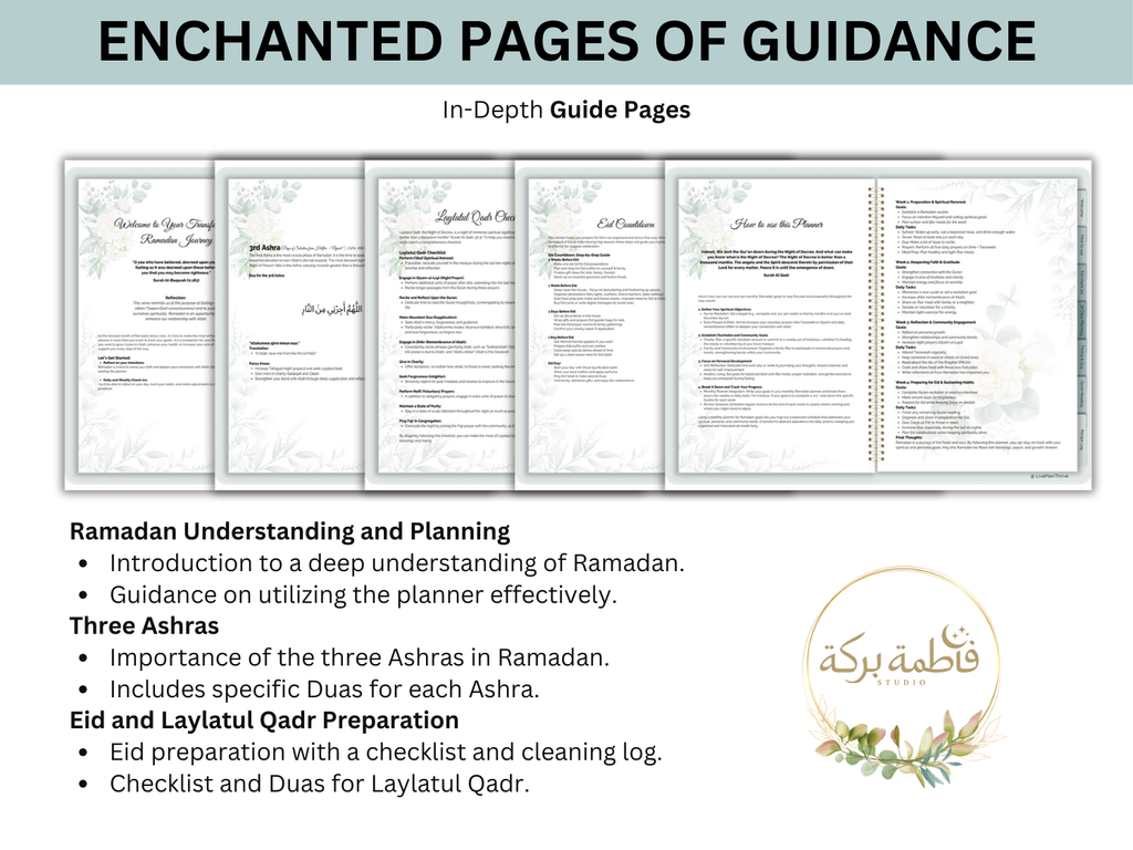 Pages from 'Enchanted Pages of Guidance' with text on Ramadan understanding, Ashras, and Eid preparation.