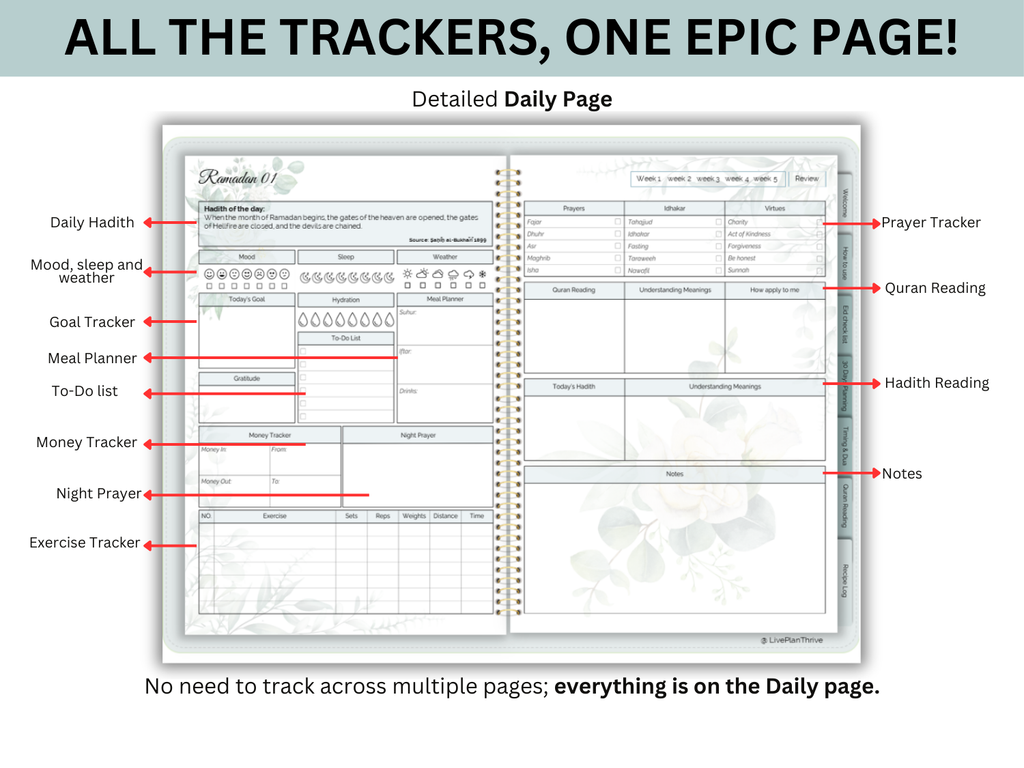 Daily planner with various trackers on a white background