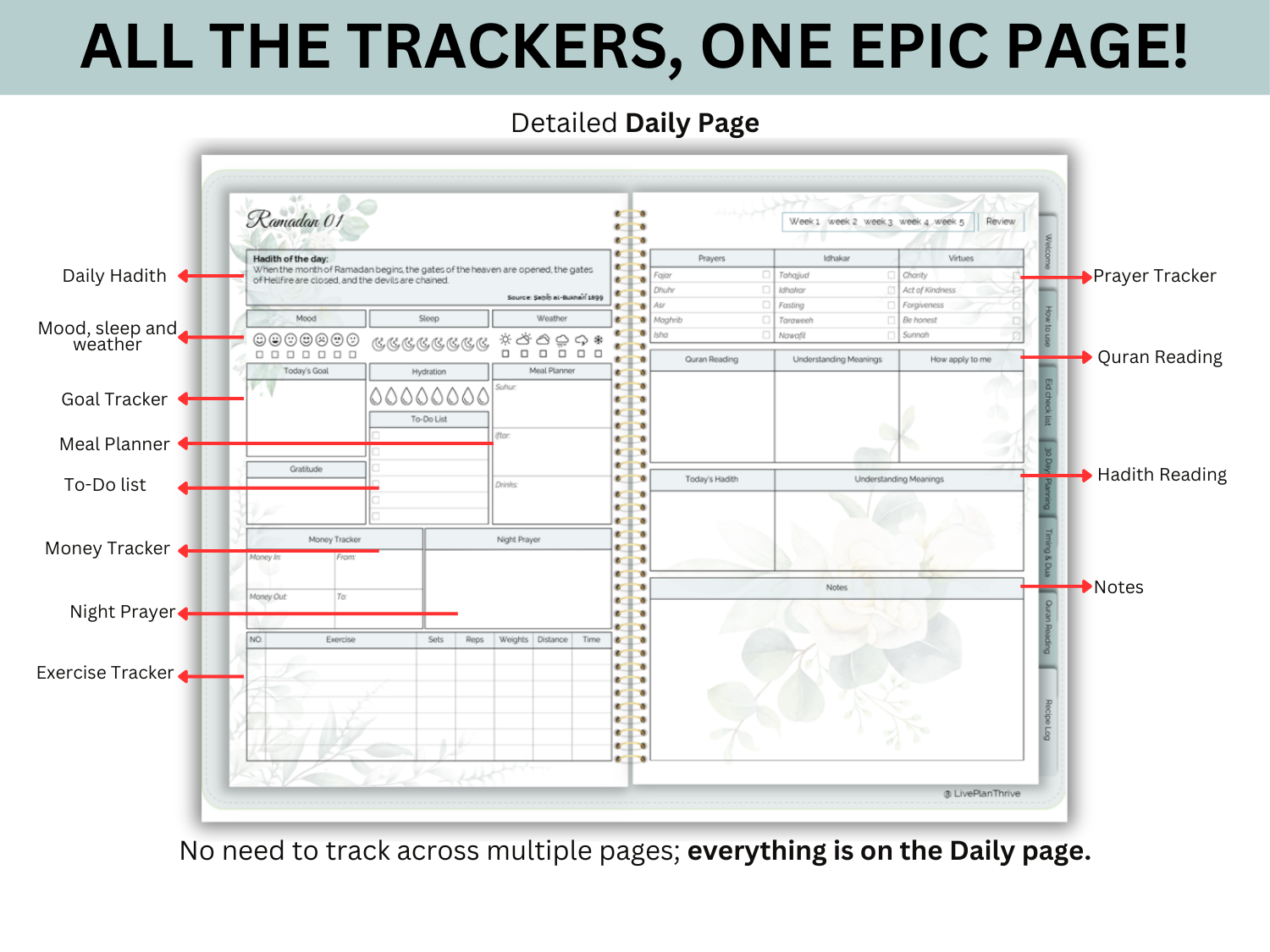 Daily planner with various trackers on a white background