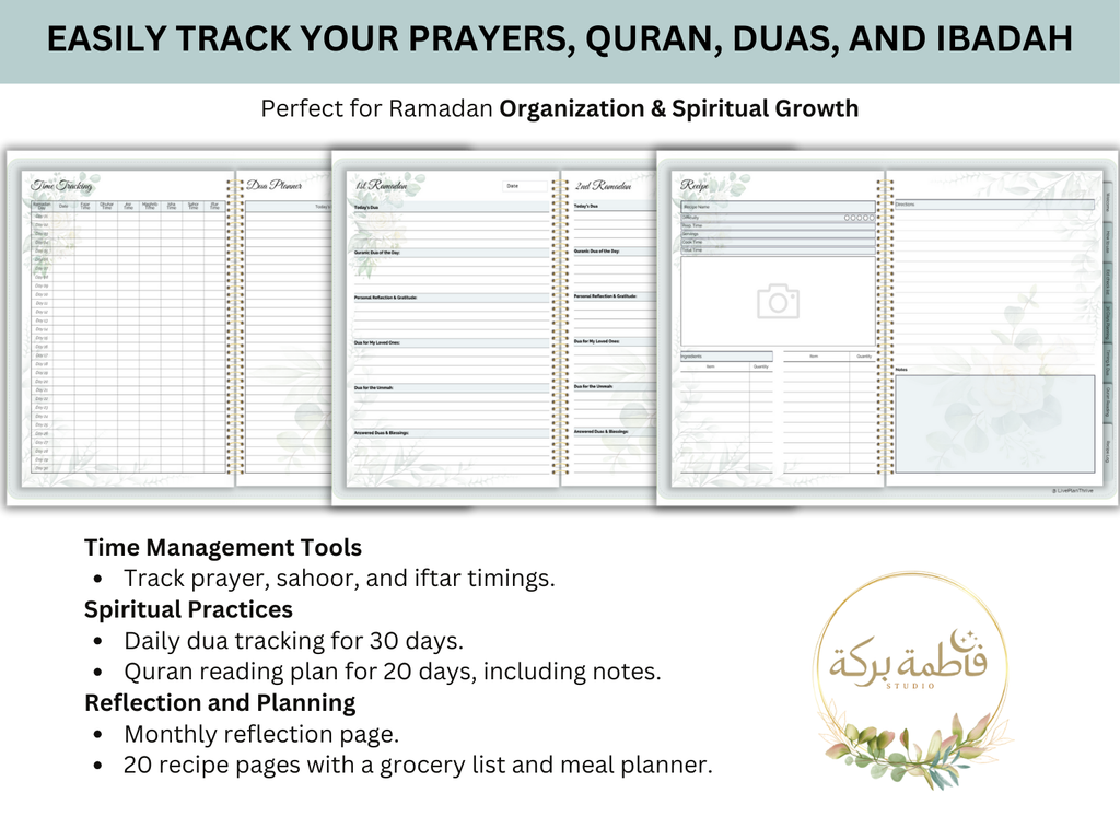 Digital Ramadan planner or journal with various sections for prayer, duas, and other spiritual practices.